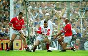 2 July 2000; Cork players, from left, Diarmuid O'Sullivan, Donal Og Cusack and Brian Corcoran combine to save the second Tipperary penalty, taken by John Leahy, during the Guinness Munster Senior Hurling Championship Final between Cork and Tipperary at Semple Stadium in Thurles, Tipperary. Photo by Brendan Moran/Sportsfile