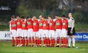 21 April 2008; St. Patrick's Athletic players, from left, Stephen Brennan, Bobby Ryan, Ryan Guy, Gary Dempsey, Michael Keane, Alan Kirby, John Frost, Andy Haran, Brian Rooney, Dessie Byrne and Barry Ryan stand for a minute silence ahead of the game. eircom League of Ireland Cup, second round, UCD v St Patrick's Atletic, Belfield Bowl, UCD, Dublin. Picture credit: Stephen McCarthy / SPORTSFILE