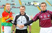 20 April 2008; Referee Diarmuid Kirwan, Cork, with Carlow captain Edward Coady and Westmeath captain Brendan Murtagh before the game. Allianz National Hurling League, Division 2 Final, Carlow v Westmeath, Gaelic Grounds, Limerick. Picture credit: Pat Murphy / SPORTSFILE *** Local Caption ***