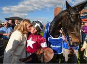 6 April 2015; Jockey Katie Walsh celebrates with trainer Sandra Hughes after Thunder And Roses won the BoyleSports Irish Grand National Steeplechase. Fairyhouse Easter Festival, Fairyhouse, Co. Meath. Picture credit: Pat Murphy / SPORTSFILE