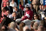 6 April 2015; Katie Walsh celebrates on her mount, Thunder And Roses, after victory in the BoyleSports Irish Grand National Steeplechase. Fairyhouse Easter Festival, Fairyhouse, Co. Meath. Picture credit: Cody Glenn / SPORTSFILE
