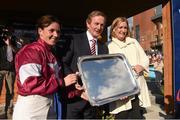 6 April 2015; Jockey Katie Walsh with An Taoiseach Enda Kenny and winning trainer Sandra Hughes after Thunder And Roses won the BoyleSports Irish Grand National Steeplechase. Fairyhouse Easter Festival, Fairyhouse, Co. Meath. Picture credit: Pat Murphy / SPORTSFILE