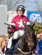 6 April 2015; Jockey Katie Walsh celebrates onboard her mount Thunder And Roses after winning the BoyleSports Irish Grand National Steeplechase. Fairyhouse Easter Festival, Fairyhouse, Co. Meath. Picture credit: Pat Murphy / SPORTSFILE