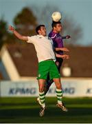 6 April 2015; Tim Clancy, Shamrock Rovers, in action against Kevin Knight, Cabinteely. EA Sports Cup Second Round, Cabinteely v Shamrock Rovers. Stradbrook Road, Blackrock, Co. Dublin. Picture credit: Stephen McCarthy / SPORTSFILE