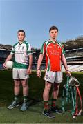 7 April 2015; In attendance at the Masita GAA All-Ireland Post Primary Schools Hogan Cup and Drummond Cup Football Finals photocall are Keith Landy, left, The Abbey School, Tipperary Town with Niall Lowry, St. Mary's Academy CBS Carlow. Both teams will meet in the Masita GAA All-Ireland Post Primary Schools Hogan Cup Final. Croke Park, Dublin. Picture credit: David Maher / SPORTSFILE