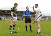 4 April 2015; Referee Colum Cunning with captains, Éanna O'Neill, Kildare, right, and Damien Healy, Meath, before the game. Allianz Hurling League Division 2B Final, Kildare v Meath. Cusack Park, Mullingar, Co. Westmeath. Picture credit: Piaras Ó Mídheach / SPORTSFILE