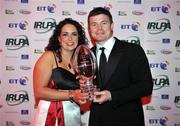 23 April 2008; Leinster's Brian O'Driscoll receives the IRUPA Tyrone Crystal Try of the Year on behalf of team-mate Ro Kearney, from Claire Bradley, Sales Manager, Tyrone Crystal, at the IRUPA awards 2008. O'Reilly Hall, University College Dublin, Dublin. Picture credit: Brendan Moran / SPORTSFILE