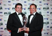 23 April 2008; Former Ulster and Ireland out-half David Humphreys who was inducted to the IRUPA Hooke and MacDonald Hall of Fame with Brian Carey, Hooke and MacDonald, at the IRUPA awards 2008. O'Reilly Hall, University College Dublin, Dublin. Picture credit: Brendan Moran / SPORTSFILE