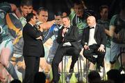 23 April 2008; Former Munster and Ireland players Mick Galwey and Keith Wood in conversation with MC Des Cahill at the IRUPA awards 2008. O'Reilly Hall, University College Dublin, Dublin. Picture credit: Brendan Moran / SPORTSFILE