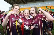 25 April 2008; Loretto College's Teri McCusker, centre, scorer of the match winning goal from a penalty, celebrates victory with team-mates Kerie McGarvey and Ciara McMahon. Pat the Baker Post Primary School Junior A Final, Loretto College, Omagh v Dunmore, Galway, Pairc Sean Mac Diarmada, Carrick-On-Shannon, Co Leitrim. Picture credit: Oliver McVeigh / SPORTSFILE