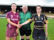 26 April 2008; Referee Eamonn Browne, Tipperary, with Kilkenny vice-captain Ann Dalton and Galway captain Sinead Cahalane ahead of the game. Camogie National League Divison 1 Final, Galway v Kilkenny, Nowlan Park, Co. Kilkenny. Picture credit: Stephen McCarthy / SPORTSFILE  *** Local Caption ***