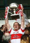 27 April 2008; Derry captain Kevin McCloy lifts the cup. Allianz National Football League, Division 1 Final, Kerry v Derry, Parnell Park, Dublin. Picture credit: Oliver McVeigh / SPORTSFILE