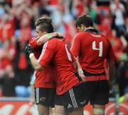 27 April 2008; Alan Quinlan, Munster, is congratulated by team-mate Ronan O'Gara after scoring his side's second try. Heineken Cup Semi-Final, Saracens v Munster, Ricoh Arena, Coventry, England. Picture credit: Stephen McCarthy / SPORTSFILE *** Local Caption ***