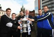 29 April 2008; Coleraine's Marty Hunter, Tommy McCallion, Davy O'Hare and Linfield's Peter Thompson and Alan Mannus along with Northern Ireland manager Nigel Worthington after a JJB Sports Irish Cup press conference. Europa Hotel, Belfast, Co. Antrim. Picture credit; Oliver McVeigh / SPORTSFILE