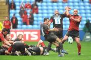 27 April 2008; Neil De Kock, Saracens, clears the ball as John Hayes, Munster, is held back by Kristian Chesney, Saracens. Heineken Cup Semi-Final, Saracens v Munster, Ricoh Arena, Coventry, England. Picture credit: Stephen McCarthy / SPORTSFILE *** Local Caption ***
