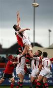 30 April 2008; Ryan Caldwell, Ulster, contests a lineout with Mick O'Driscoll, Munster. Magners League, Ulster v Munster, Ravenhill Park, Belfast, Co. Antrim. Picture credit: Oliver McVeigh / SPORTSFILE