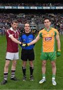 17 March 2015; Referee David Coldrick with Francis McEldowney, Slaughtneil, left, and Michael Farragher, Corofin, right, before the game. AIB GAA Football All-Ireland Senior Club Championship Final, Corofin, Co Galway, v Slaughtneil, Co Derry. Croke Park, Dublin. Picture credit: Ray McManus / SPORTSFILE