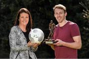 9 April 2015; David McMillan, Dundalk FC, is presented with the SSE Airtricity League SWAI Player of the Month Award for March 2015 by Aine Murphy, SSE Airtricity. Merrion Square, Dublin. Picture credit: Pat Murphy / SPORTSFILE