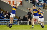9 April 2015; Colin O'Riordan, left, Tipperary captain, and teammates Liam Casey and T.J. Ryan, right, celebrate at the final whistle. EirGrid Munster U21 Football Championship Final, Tipperary v Cork, Semple Stadium, Thurles, Co. Tipperary. Picture credit: Cody Glenn / SPORTSFILE