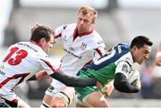 11 April 2015; Miah Nikora, Connacht, is tackled by Jared Payne, left, and Roger Wilson, Ulster. Guinness PRO12, Round 19, Connacht v Ulster, Sportsground, Galway. Picture credit: Ramsey Cardy / SPORTSFILE