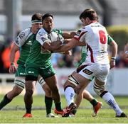 11 April 2015; Bundee Aki, Connacht, is tackled by Iain Henderson, Ulster. Guinness PRO12, Round 19, Connacht v Ulster, Sportsground, Galway. Picture credit: Ramsey Cardy / SPORTSFILE