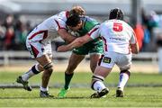 11 April 2015; Miah Nikora, Connacht, is tackled by Chris Henry, left, and Dan Tuohy, Ulster. Guinness PRO12, Round 19, Connacht v Ulster, Sportsground, Galway. Picture credit: Ramsey Cardy / SPORTSFILE