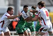 11 April 2015; Bundee Aki, Connacht, is tackled by Wiehahn Herbst, left, and Iain Henderson, Ulster. Guinness PRO12, Round 19, Connacht v Ulster, Sportsground, Galway. Picture credit: Ramsey Cardy / SPORTSFILE