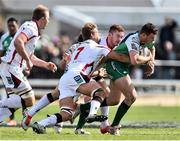 11 April 2015; Robbie Henshaw, Connacht, is tackled by Chris Henry, left, and Paddy Jackson, Ulster. Guinness PRO12, Round 19, Connacht v Ulster, Sportsground, Galway. Picture credit: Ramsey Cardy / SPORTSFILE