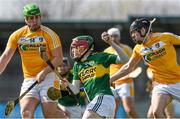11 April 2015; Sean Weir, Kerry, in action against Mathew Donnelly, left, and Ciaran Clarke, Antrim. Allianz Hurling League Division 1B Promotion / Relegation Play-off, Antrim v Kerry, Parnell Park, Dublin. Picture credit: Ray McManus / SPORTSFILE