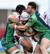 11 April 2015; Rory Best, Ulster, is tackled by John Muldoon, left, and Robbie Henshaw, Connacht. Guinness PRO12, Round 19, Connacht v Ulster, Sportsground, Galway. Picture credit: Ramsey Cardy / SPORTSFILE
