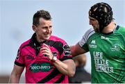 11 April 2015; Referee Nigel Owens jokes with Connacht captain John Muldoon after receiving treatment for an injury during the second half. Guinness PRO12, Round 19, Connacht v Ulster, Sportsground, Galway. Picture credit: Ramsey Cardy / SPORTSFILE