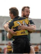 11 April 2015; Diarmuid McCarthy, Young Munster, is congratulated by team-mate Shane O'Leary after scoring his side's second try. Ulster Bank League, Division 1A, Young Munster v Lansdowne. Tom Clifford Park, Limerick. Picture credit: Diarmuid Greene / SPORTSFILE