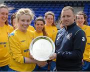 11 April 2015; WIT captain Edel Maher is presented with the shield by Mark Scanlon from the FAI. WSCAI Intervarsities Shield Final, Waterford Institute of Technology v University of Limerick, Plate Final, Waterford IT, Waterford. Picture credit: Matt Browne / SPORTSFILE