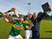 11 April 2015; Ger McCarthy, right, the Kerry Hurling Officer, celebrates victory with Colm Harty, 12, and Daniel Collins. Allianz Hurling League Division 1B Promotion / Relegation Play-off, Antrim v Kerry, Parnell Park, Dublin. Picture credit: Ray McManus / SPORTSFILE