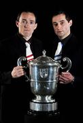 29 April 2008; At the launch of the GAA All-Ireland Senior Football Championship 2008, supported by Toyota, Vodafone and Ulster Bank, are, Tyrone captain Brian Dooher, left, with Monaghan captain damien Freeman and the Anglo Celt Cup. Croke Park, Dublin. Picture credit: Brendan Moran / SPORTSFILE