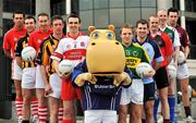 30 April 2008; Some of Ireland's most talented GAA stars gathered in Dublin to kick off Ulster Bank's sponsorship campaign for the 2008 GAA Football Championships. Led by mascot Henri Hippo, the 'UB Stars' team consists of an unrivalled selection of top footballers and hurlers, all working for various Ulster Bank branches across the country. At the launch is Henri Hippo, with from left, Cork's Sean Og O'hAilpin, Kilkenny's PJ Delaney, Cork's John Gardiner, Kilkenny's Michael Fennelly, Derry's Kevin McGuckian, Kerry's Darren O'Sullivan, Dublin's Bryan Cullen, Down's Kevin McGuigan, Longford's Damien Sheridan and Galway's Finian Hanley. Ulster Bank Georges Quay, Dublin. Picture credit: Brian Lawless / SPORTSFILE