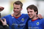 29 March 2008; Linfield goalscorers Peter Thompson, left, and Jamie Mulgrew celebrate at the end of the game. JJB Sports Irish Cup semi-final, Cliftonville v Linfield, The Oval, Belfast. Picture credit: Oliver McVeigh / SPORTSFILE