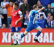 3 May 2008; Coleraine's Paddy Mc Laughlin celebrates after scoring his side's goal as Linfield's Noel Bailie looks on. JJB Sports Irish Cup Final, Coleraine v Linfield. Windsor Park, Belfast, Co. Antrim. Picture credit; Peter Morrison / SPORTSFILE