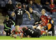 11 April 2015; Munster's Conor Murray goes over to score his side's third try. Guinness PRO12, Round 19, Edinburgh v Munster, BT Murrayfield Stadium, Edinburgh, Scotland. Picture credit: Kenny Smith / SPORTSFILE