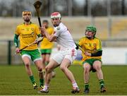 11 April 2015; Damien Casey, Tyrone, in action against Bernard Lafferty, Donegal. Allianz Hurling League Division 2B Promotion / Relegation Play-off, Donegal v Tyrone, Owenbeg, Derry. Picture credit: Oliver McVeigh / SPORTSFILE