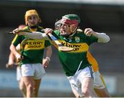 11 April 2015; Sean Weir, Kerry, in action against Ciaran Clarke, Antrim. Allianz Hurling League Division 1B Promotion / Relegation Play-off, Antrim v Kerry, Parnell Park, Dublin. Picture credit: Ray McManus / SPORTSFILE