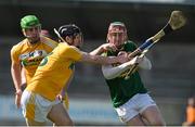 11 April 2015; Sean Weir, Kerry, in action against Ciaran Clarke, Antrim. Allianz Hurling League Division 1B Promotion / Relegation Play-off, Antrim v Kerry, Parnell Park, Dublin. Picture credit: Ray McManus / SPORTSFILE