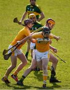 11 April 2015; Michael O'Leary, Kerry, in action against Eoghan Campbell and Neal McAuley, Antrim. Allianz Hurling League Division 1B Promotion / Relegation Play-off, Antrim v Kerry, Parnell Park, Dublin. Picture credit: Ray McManus / SPORTSFILE