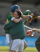11 April 2015; John Egan celebrates at the end of the game as the Kerry's Giles O'Grady rushes in to greet him.  Allianz Hurling League Division 1B Promotion / Relegation Play-off, Antrim v Kerry, Parnell Park, Dublin. Picture credit: Ray McManus / SPORTSFILE