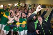 11 April 2015; The Kerry trainer and former Tipperary star Conor Gleeson takes a 'selfie' with the players, in the dressing room, after the game. Allianz Hurling League Division 1B Promotion / Relegation Play-off, Antrim v Kerry, Parnell Park, Dublin. Picture credit: Ray McManus / SPORTSFILE