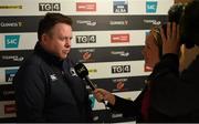 12 April 2015; Leinster head coach Matt O'Connor is interviewed ahead of the game. Guinness PRO12, Round 19, Newport Gwent Dragons v Leinster. Rodney Parade, Newport, Wales. Picture credit: Stephen McCarthy / SPORTSFILE
