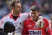 12 April 2015; Cork goalkeeper Ken O'Halloran celebrates with Barry O'Driscoll at the end of the game. Allianz Football League Division 1, Semi-Final, Cork v Donegal, Croke Park, Dublin. Picture credit: David Maher / SPORTSFILE