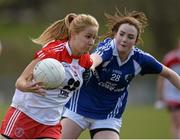 12 April 2015; Gemma Begley, Tyrone, in action against Orla Carroll, Laois. TESCO HomeGrown Ladies National Football League, Division 1, Round 7, Tyrone v Laois, Clanabogan Park, Omagh, Co. Tyrone. Picture credit: Oliver McVeigh / SPORTSFILE