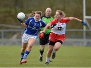 12 April 2015; Fiona Dooley, Laois, in action against Shannon Quinn, Tyrone. TESCO HomeGrown Ladies National Football League, Division 1, Round 7, Tyrone v Laois, Clanabogan Park, Omagh, Co. Tyrone. Picture credit: Oliver McVeigh / SPORTSFILE