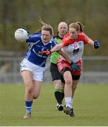 12 April 2015; Fiona Dooley, Laois, in action against Shannon Quinn, Tyrone. TESCO HomeGrown Ladies National Football League, Division 1, Round 7, Tyrone v Laois, Clanabogan Park, Omagh, Co. Tyrone. Picture credit: Oliver McVeigh / SPORTSFILE